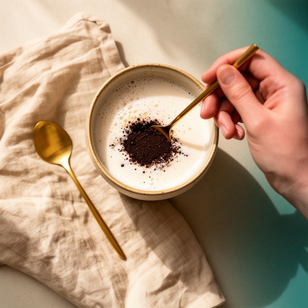 Hand stirring Chagacchino into an oat milk latte